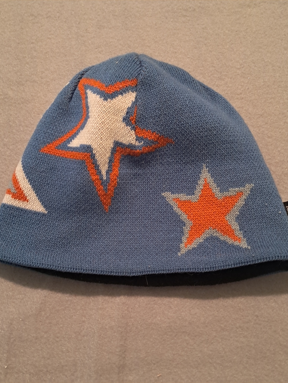 Kids Blue Knit Beanie with Orange & White Star Pattern